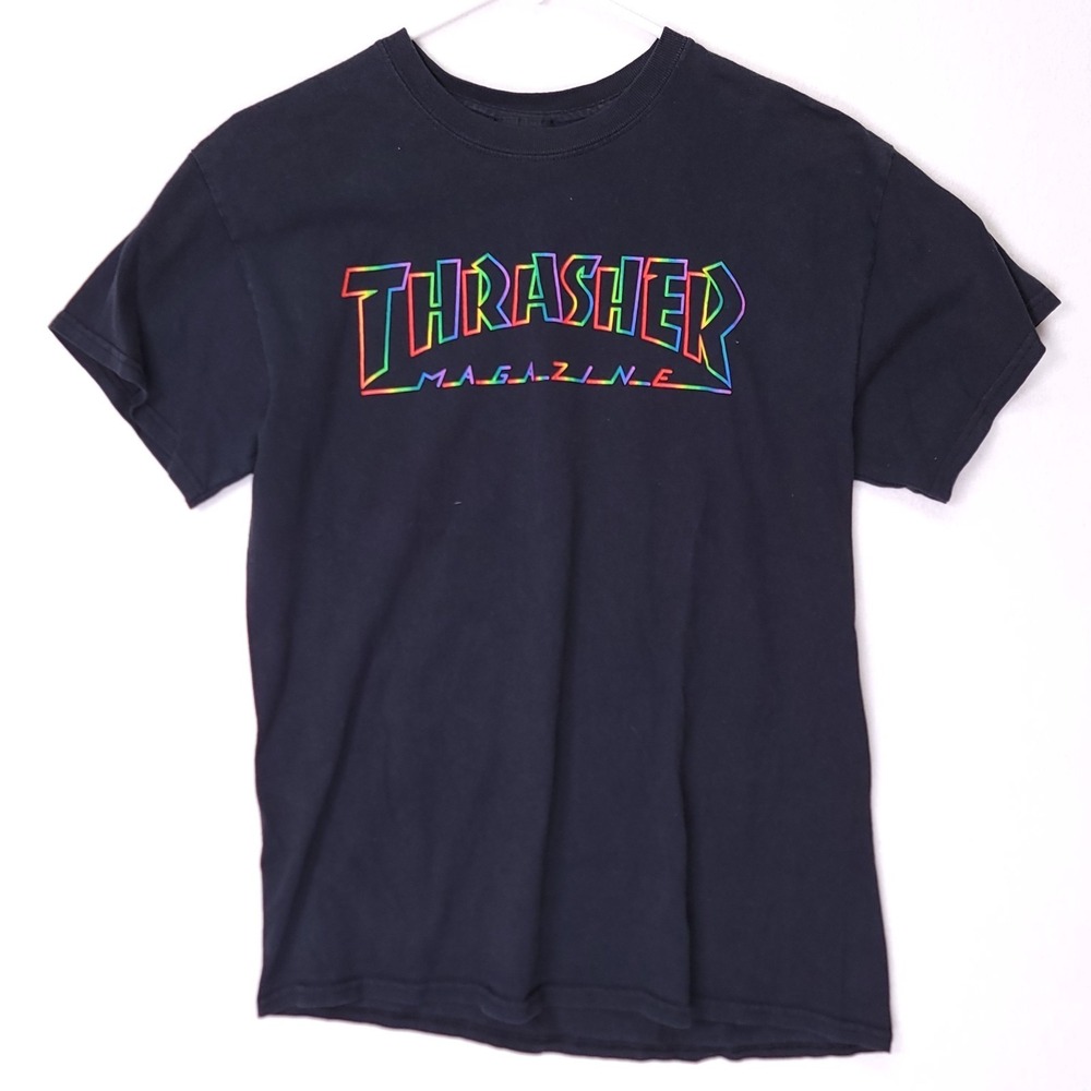 Thrasher Logo T-shirt Mens M Black‎ Rainbow Skaterboarding T